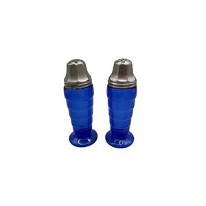 Vintage Cobalt Blue Glass Salt and Pepper Shakers Beehive Ringed Art Deco Set